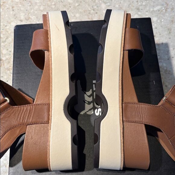 Sorel Joanie IV Y strap wedge leather sandals velvet tan blackened brown size 9 - Picture 14 of 17